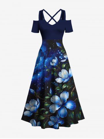 Plus Size Ombre Flower Leaf Glitter Galaxy Print Hawaii Cold Shoulder Crisscross A Line Maxi Dress - BLACK - 5X