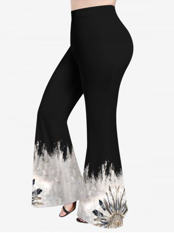 Pantalon évasé grande taille à imprimé ethnique plumes et horloge tie-dye - BLACK - XS