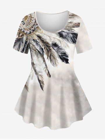 Plus Size Ethnic Feather Clock Tie Dye Print T-shirt - LIGHT GRAY - M