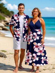 Hibiscus Flower Print Plus Size Matching Hawaii Beach Outfit For Couples -  