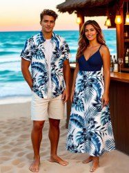 Tenue de plage hawaïenne assortie grande taille à imprimé feuilles tropicales et fleurs pour couples - Bleu 
