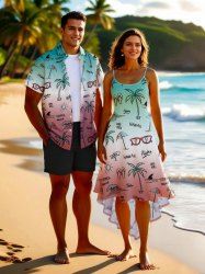 Lunettes de soleil cocotier, parapluie, vagues de la mer, imprimé ombré, grande taille, tenue de plage hawaïenne assortie pour couples - Vert 