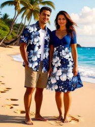 Tenue de plage hawaïenne assortie grande taille à imprimé floral pour couples - Bleu 