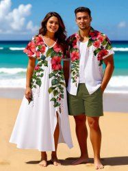 Tropical Leaf Hibiscus Flower Branch Print Plus Size Matching Hawaii Beach Outfit For Couples -  