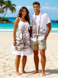 Coconut Tree Sea Sailboat Print Plus Size Matching Hawaii Beach Outfit For Couples -  