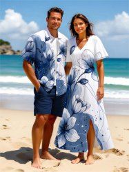 Tenue de plage hawaïenne assortie grande taille, motif floral aquarelle, peinture à l'encre, pour couple - Bleu 