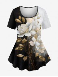 T-shirt grande taille à imprimé floral, feuille, branche et blocs de couleurs contrastés - Noir 6X