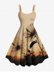Plus Size Hibiscus Flower Sunset Print Hawaii A Line Tank Dress -  