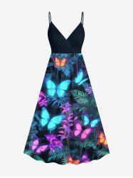 Plus Size Tropical Leaf Branch Colorful Glitter Butterfly Print Hawaii Surplice A Line Cami Dress -  