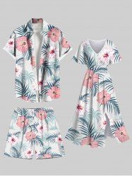 Tenue de plage hawaïenne assortie grande taille à imprimé feuilles tropicales et fleurs d'hibiscus pour couples - Blanc 