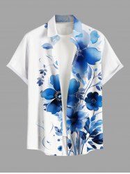 Plus Size Watercolor Flowers Print Buttons Pocket Hawaii Shirt For Men -  