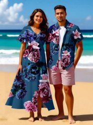Tenue de plage hawaïenne assortie grande taille à imprimé floral ombré 3D pour couples - Bleu 