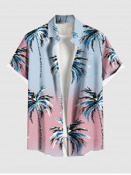 Chemise hawaïenne grande taille à imprimé cocotiers ombré et colorblock, boutons et poches, pour homme - Bleu clair 6XL