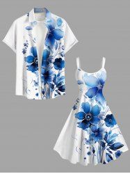 Watercolor Flowers Print Plus Size Matching Hawaii Beach Outfit For Couples -  