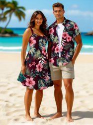 Tropical Leaf Hibiscus Flowers Print Plus Size Matching Hawaii Beach Outfit For Couples -  