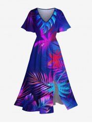 Robe mi-longue hawaïenne fendue à imprimé feuilles tropicales et cocotiers grande taille - Pourpre  5X