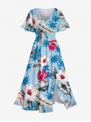 Robe mi-longue hawaïenne fendue grande taille à imprimé fleurs d'hibiscus, feuilles et cocotiers - Bleu clair S