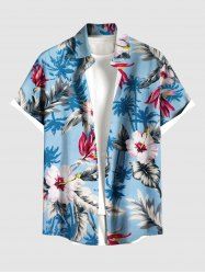 Plus Size Hibiscus Flowers Leaf Coconut Tree Print Buttons Pocket Hawaii Shirt For Men -  