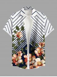Chemise hawaïenne grande taille à imprimé zigzag, fleurs, feuilles, branches, boutons et poches pour homme - Blanc 6XL