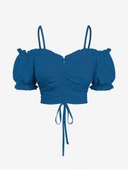 Plus Size Cold Shoulder Puff Sleeve Solid Cinched Top -  