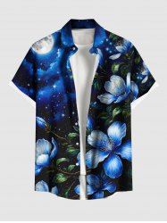Plus Size Ombre Flower Leaf Glitter Galaxy Print Hawaii Button Pocket Shirt For Men -  