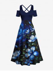 Plus Size Ombre Flower Leaf Glitter Galaxy Print Hawaii Cold Shoulder Crisscross A Line Maxi Dress -  