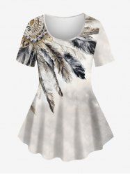 Plus Size Ethnic Feather Clock Tie Dye Print T-shirt -  