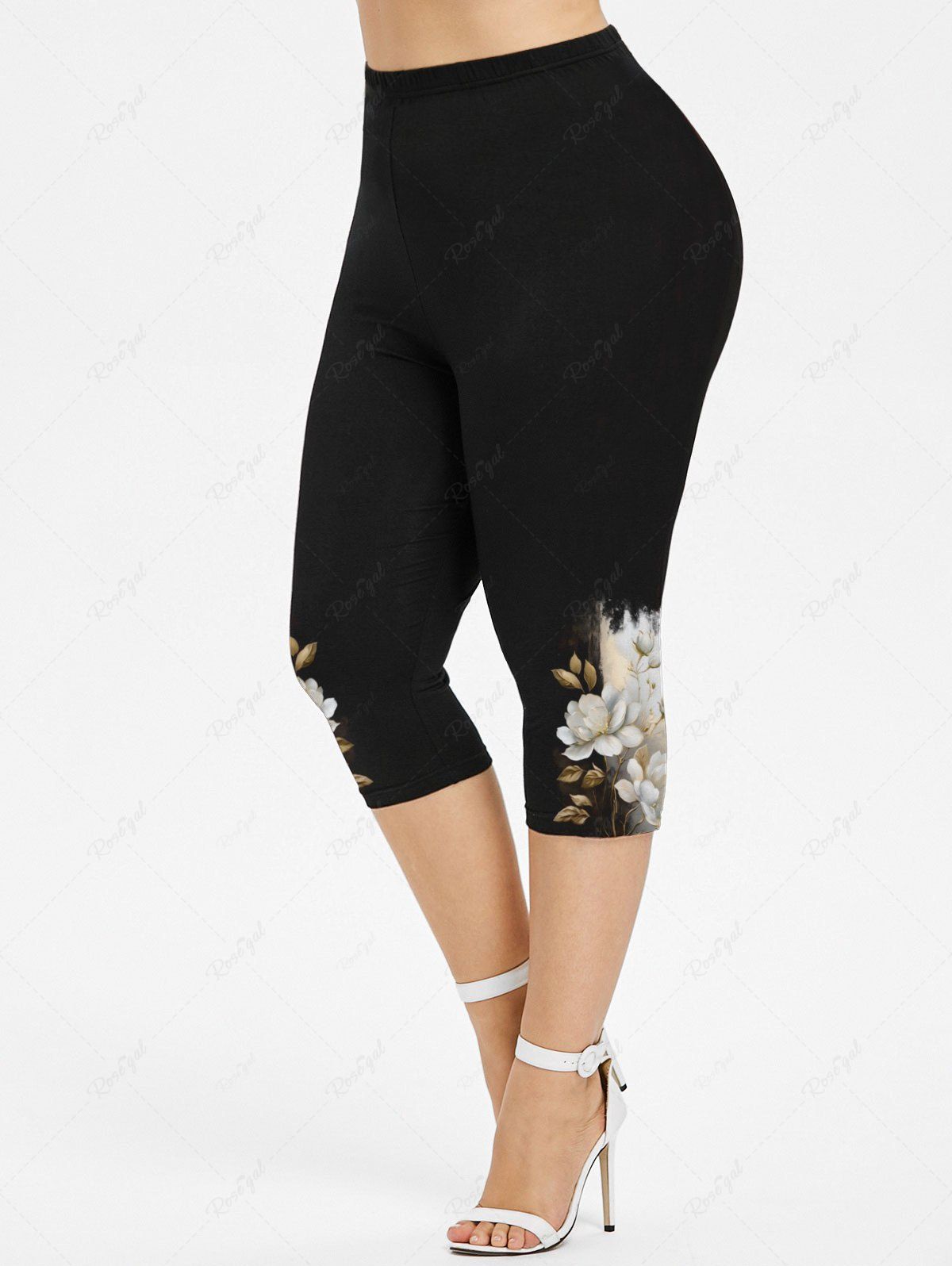 Affordable Plus Size Flower Leaf Branch Print Capri Leggings  