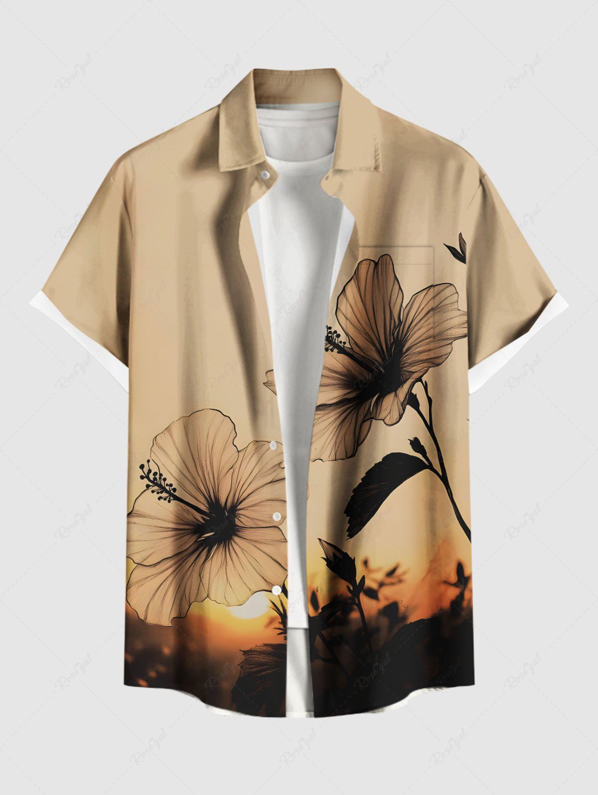 Chemise hawaïenne grande taille à imprimé hibiscus et coucher de soleil pour homme Abricot 4XL