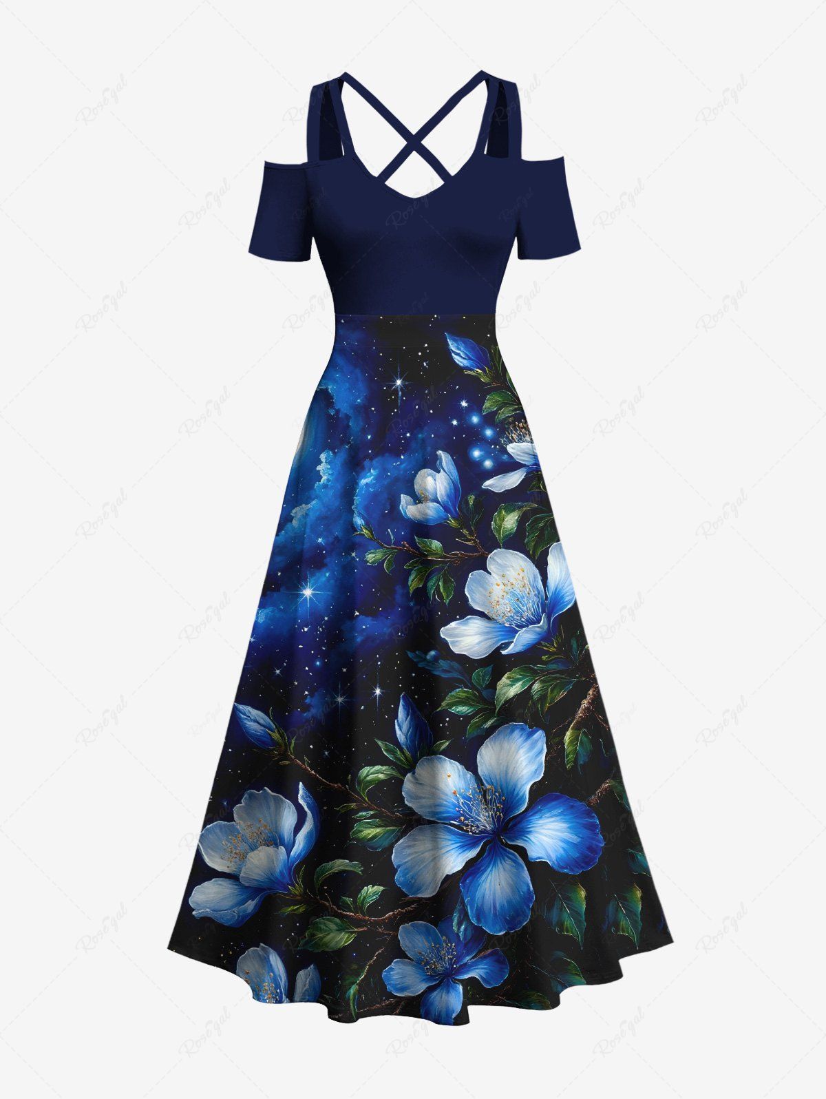 Robe longue hawaïenne grande taille à imprimé galaxie, fleurs, feuilles, paillettes, épaules dénudées, croisée, coupe trapèze Noir XXS