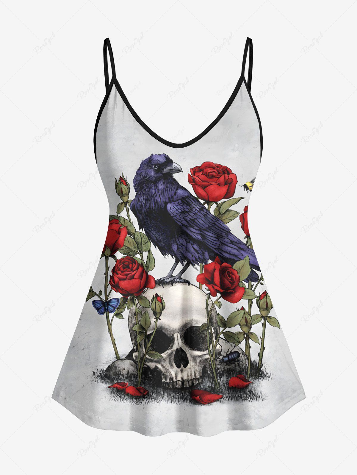 Online Plus Size Skull Rose Flower Crow Print Cami Top  