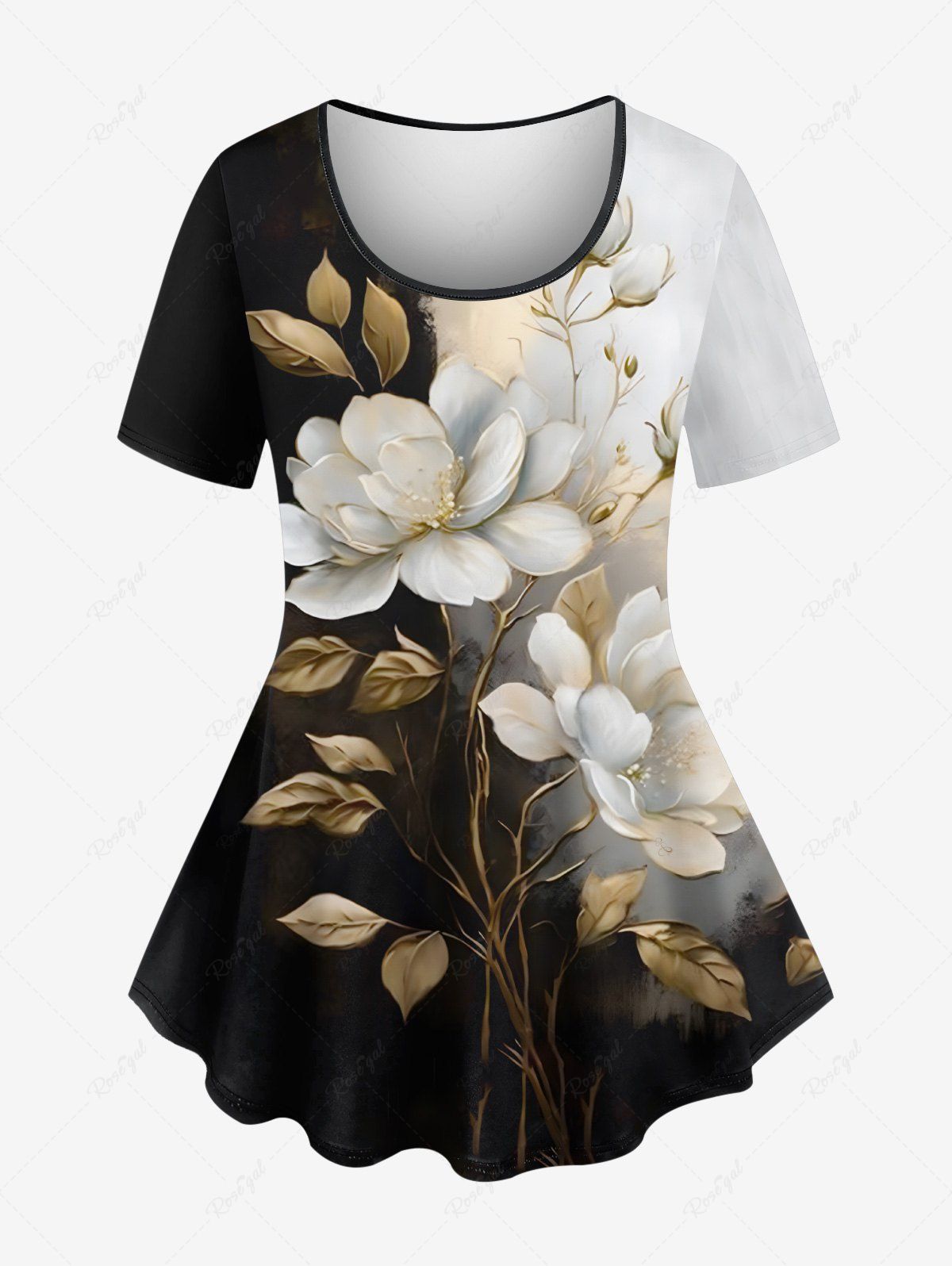 Shop Plus Size Flower Leaf Branch Contrast Colorblock Print T-shirt  