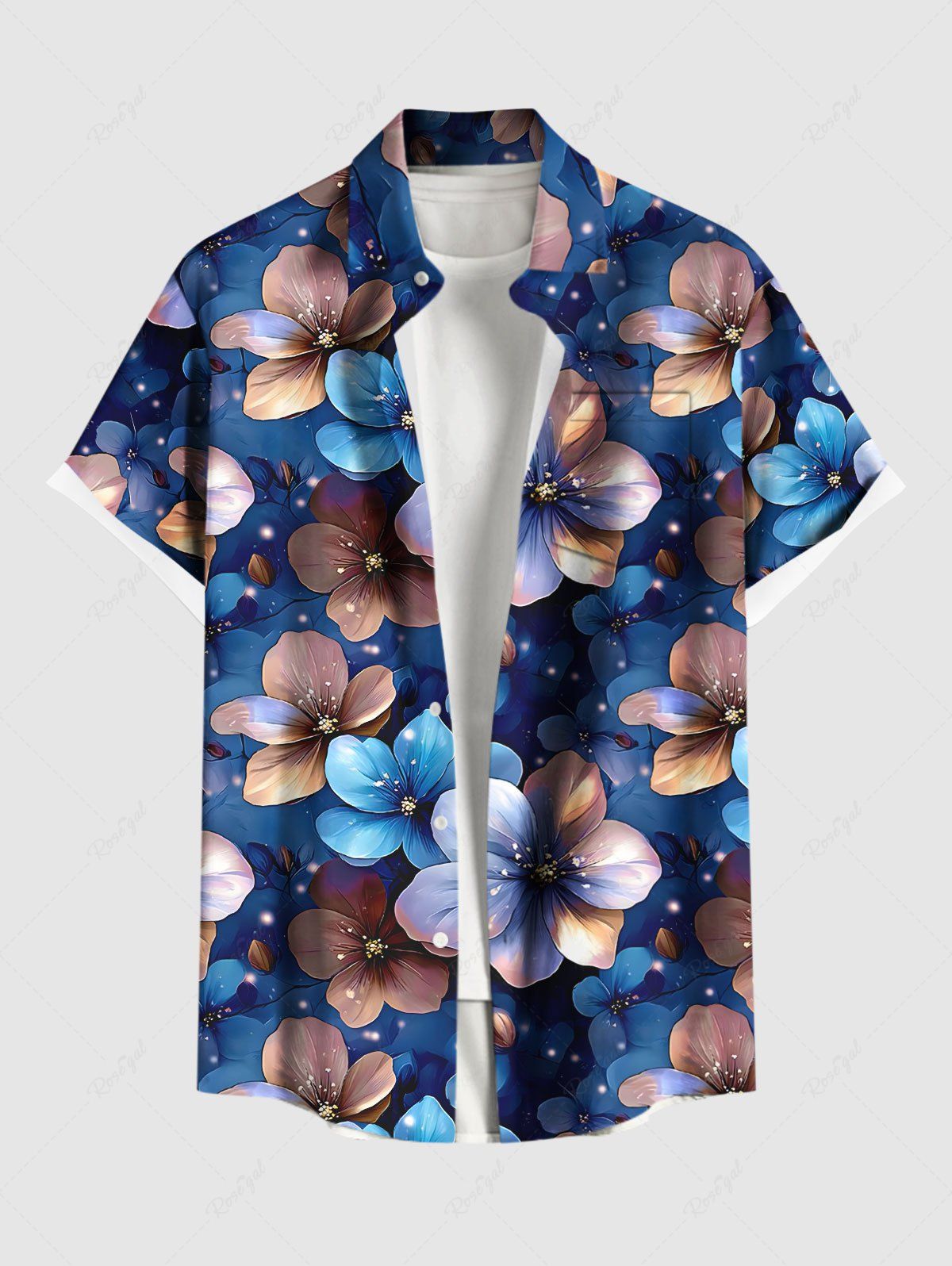 Chemise hawaïenne à boutons et poches pour homme, grande taille, imprimé floral ombré pailleté Bleu S