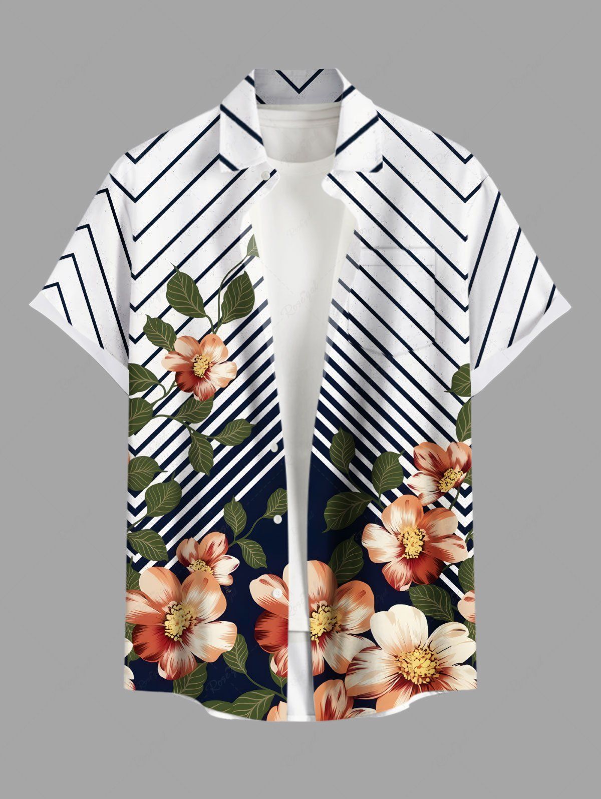 Chemise hawaïenne grande taille à imprimé zigzag, fleurs, feuilles, branches, boutons et poches pour homme Blanc 6XL