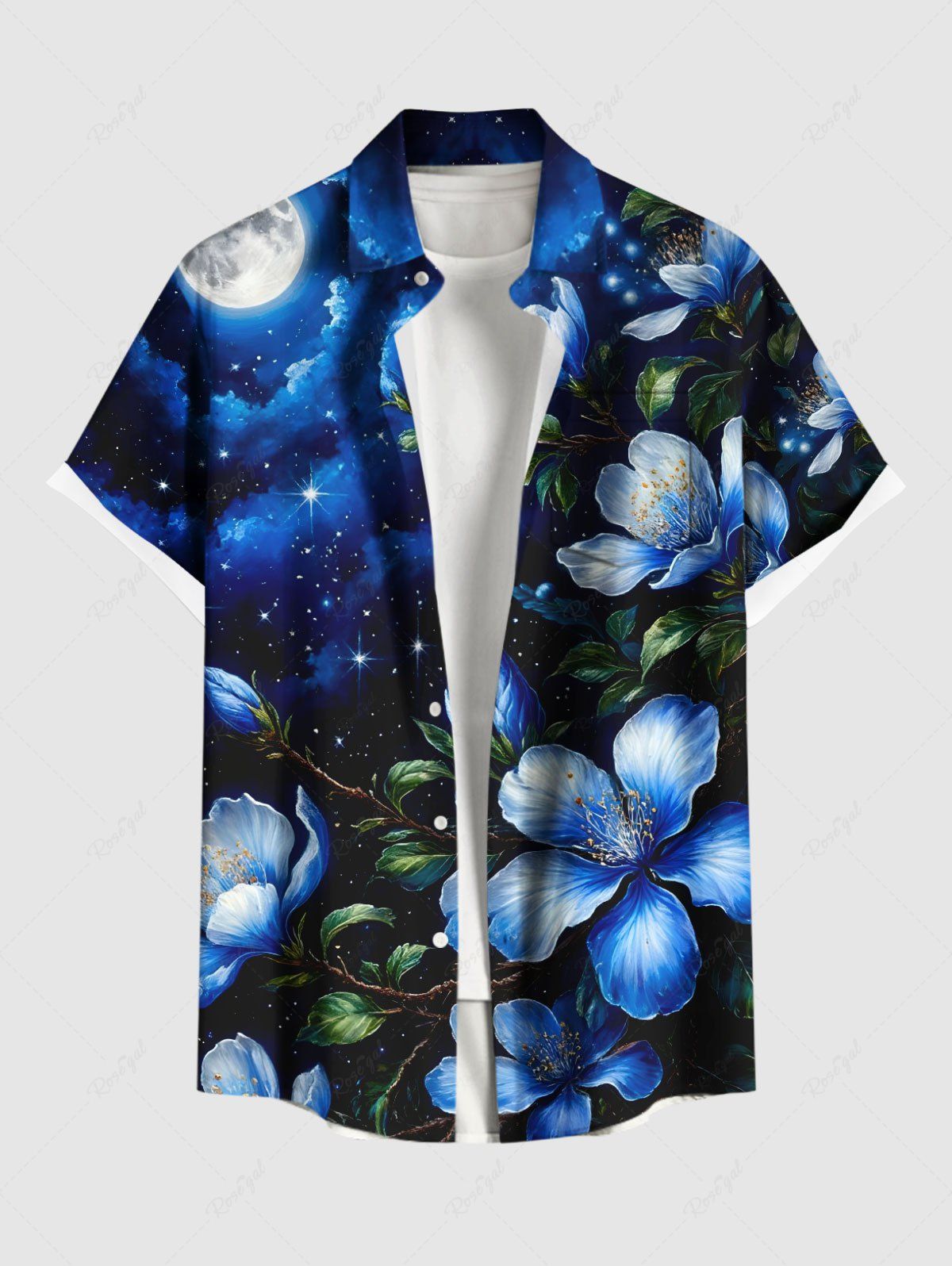 Shops Plus Size Ombre Flower Leaf Glitter Galaxy Print Hawaii Button Pocket Shirt For Men  