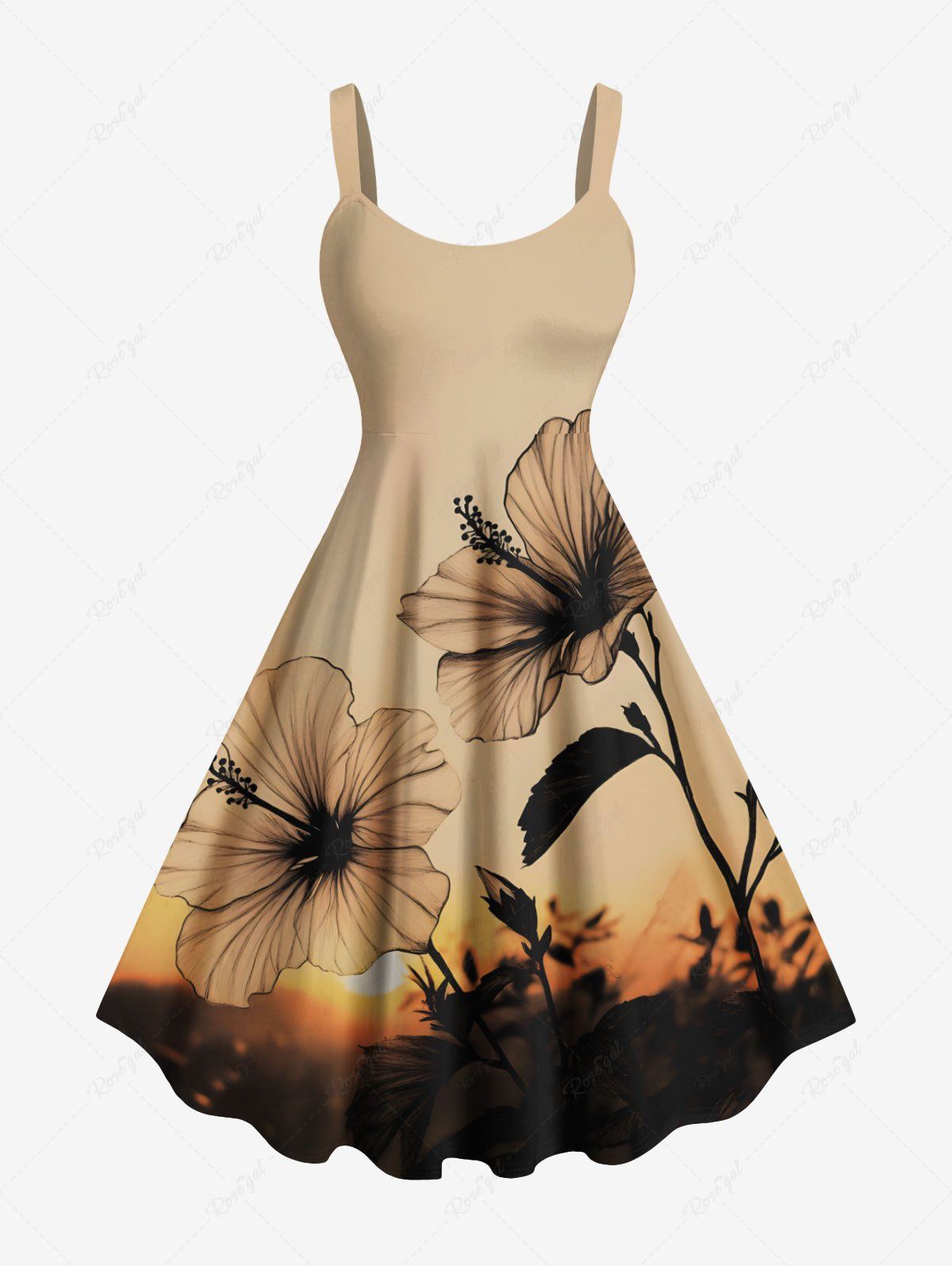 Robe débardeur trapèze hawaïenne grande taille à imprimé coucher de soleil et fleurs d'hibiscus café lumière XXS