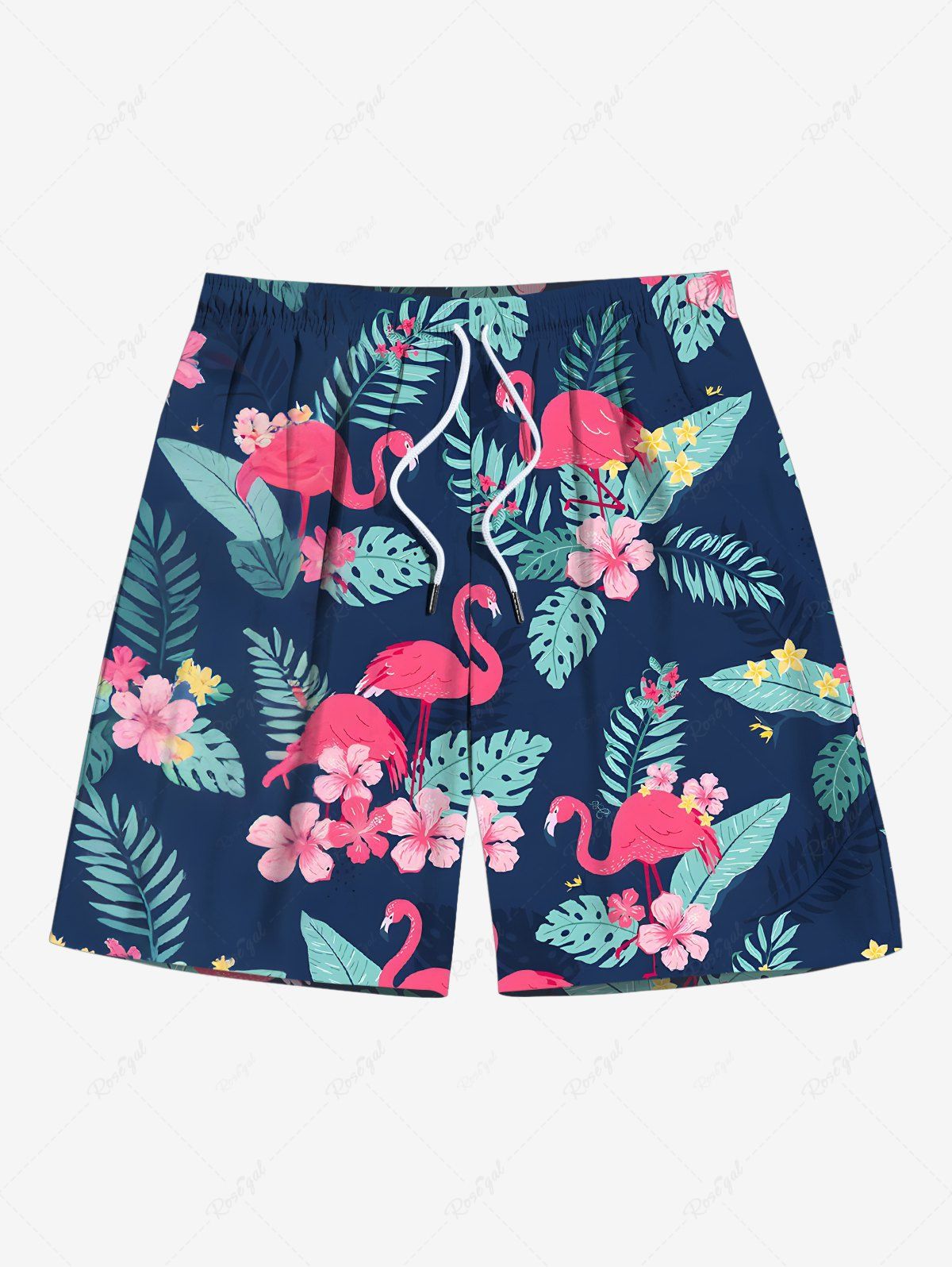 Fashion Plus Size Tropical Leaf Hibiscus Flower Flamingo Print Hawaii Drawstring Pocket Beach Shorts For Men  