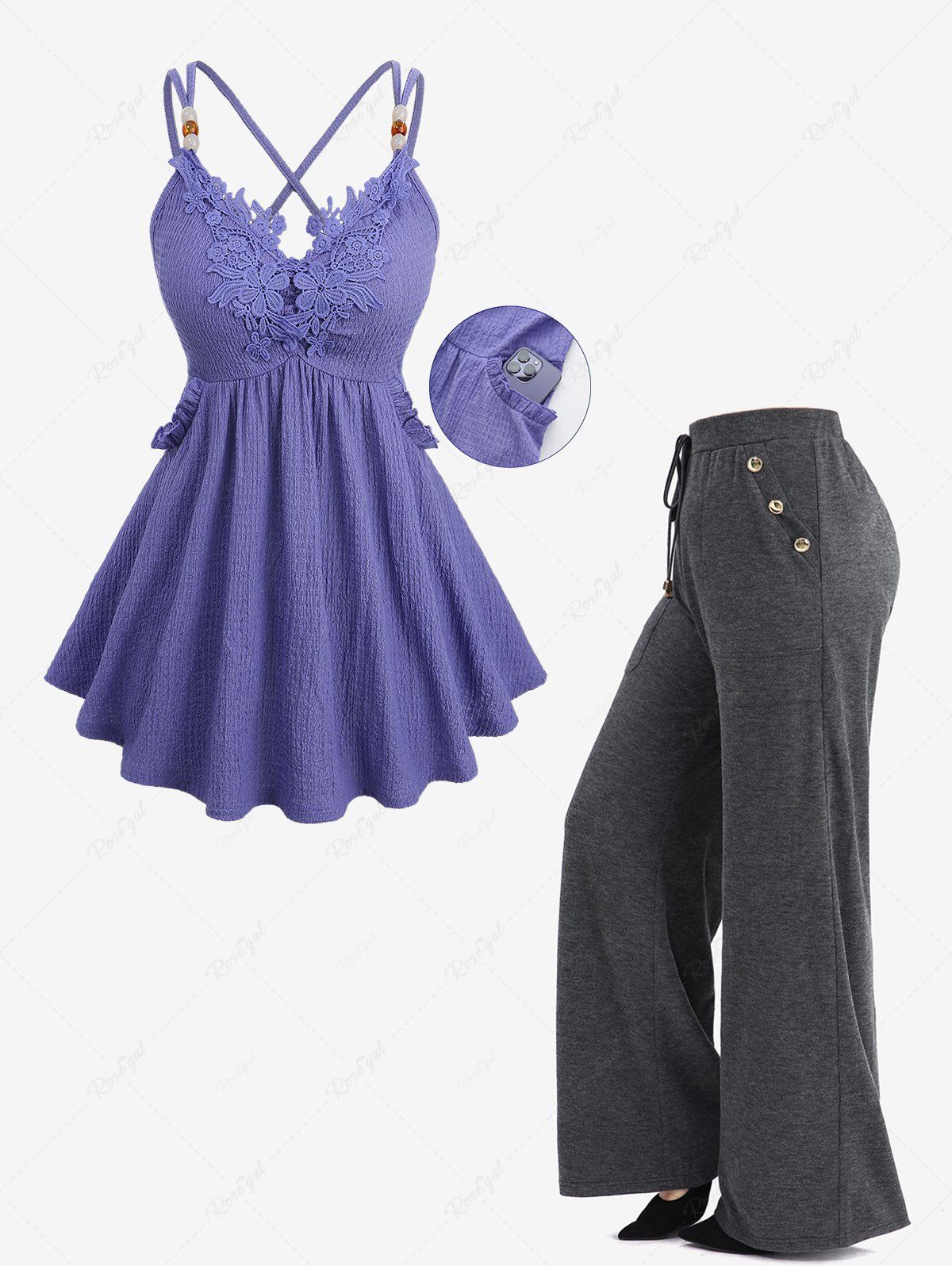 Shops Floral Applique Textured Pocket Crisscross Top and Mock Buttons Drawstring Marled Wide Leg Pants Plus Size Outfit  