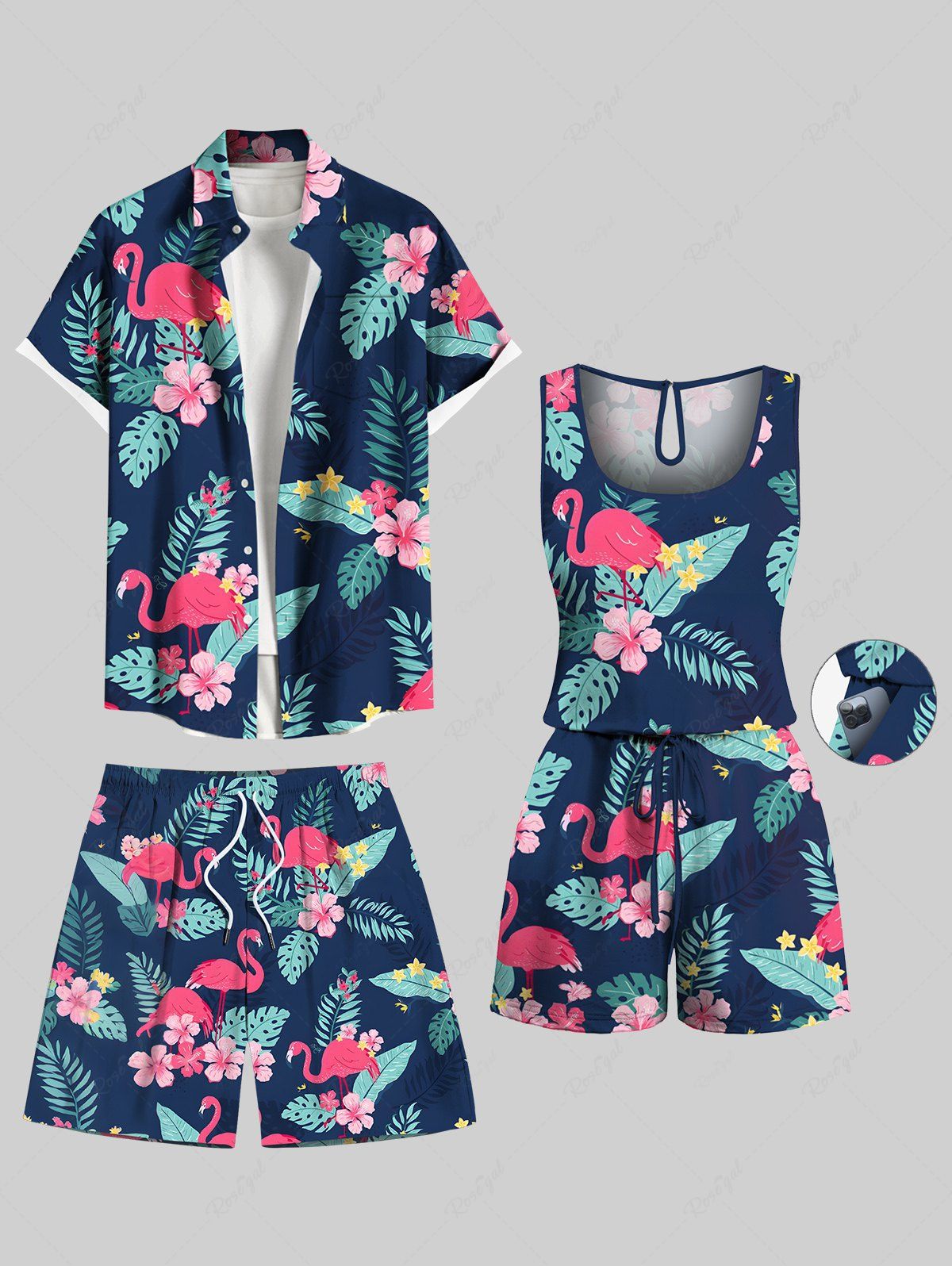 Best Matching Hawaii Shirt Shorts and Romper Plus Size Beach Outfit Tropical Leaf Hibiscus Flower Flamingo Print For Couples  