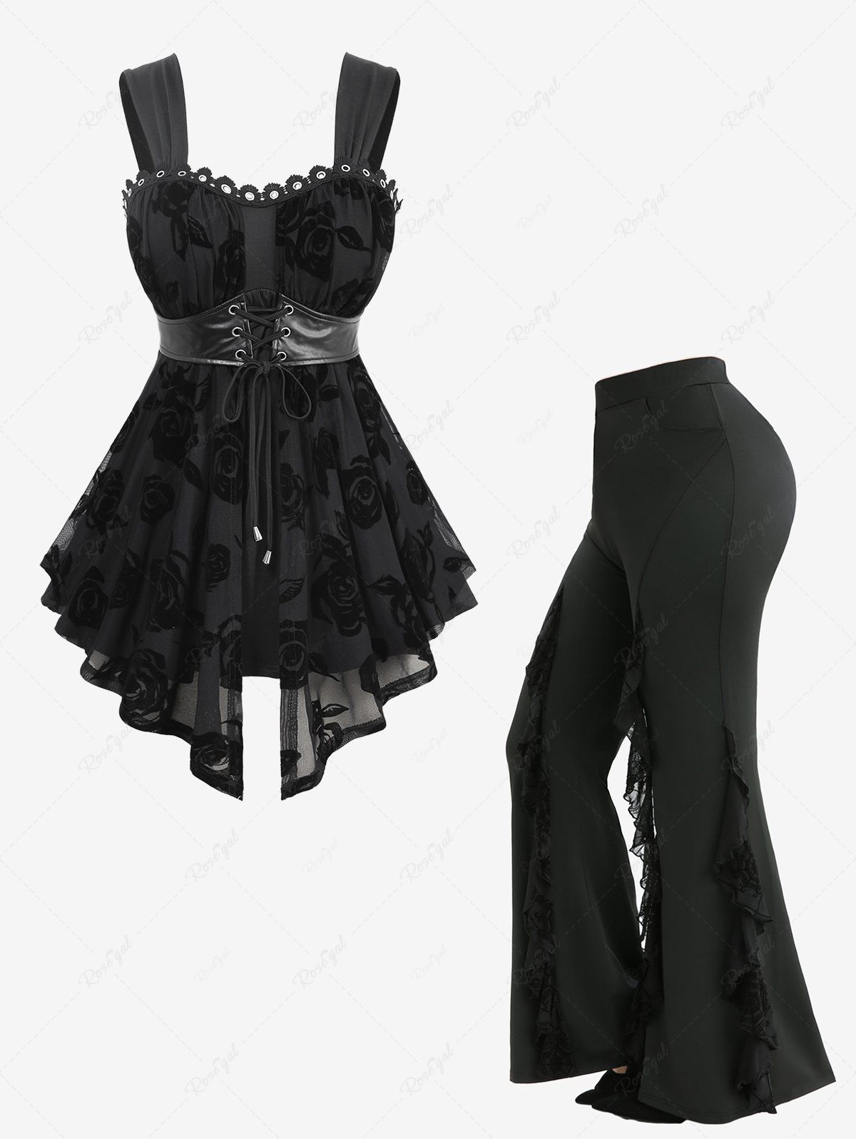 Outfits Rose Lace-up Tank Top and Spider Web Flocking Lettuce Ruffles Flare Pants Plus Size Outfit  