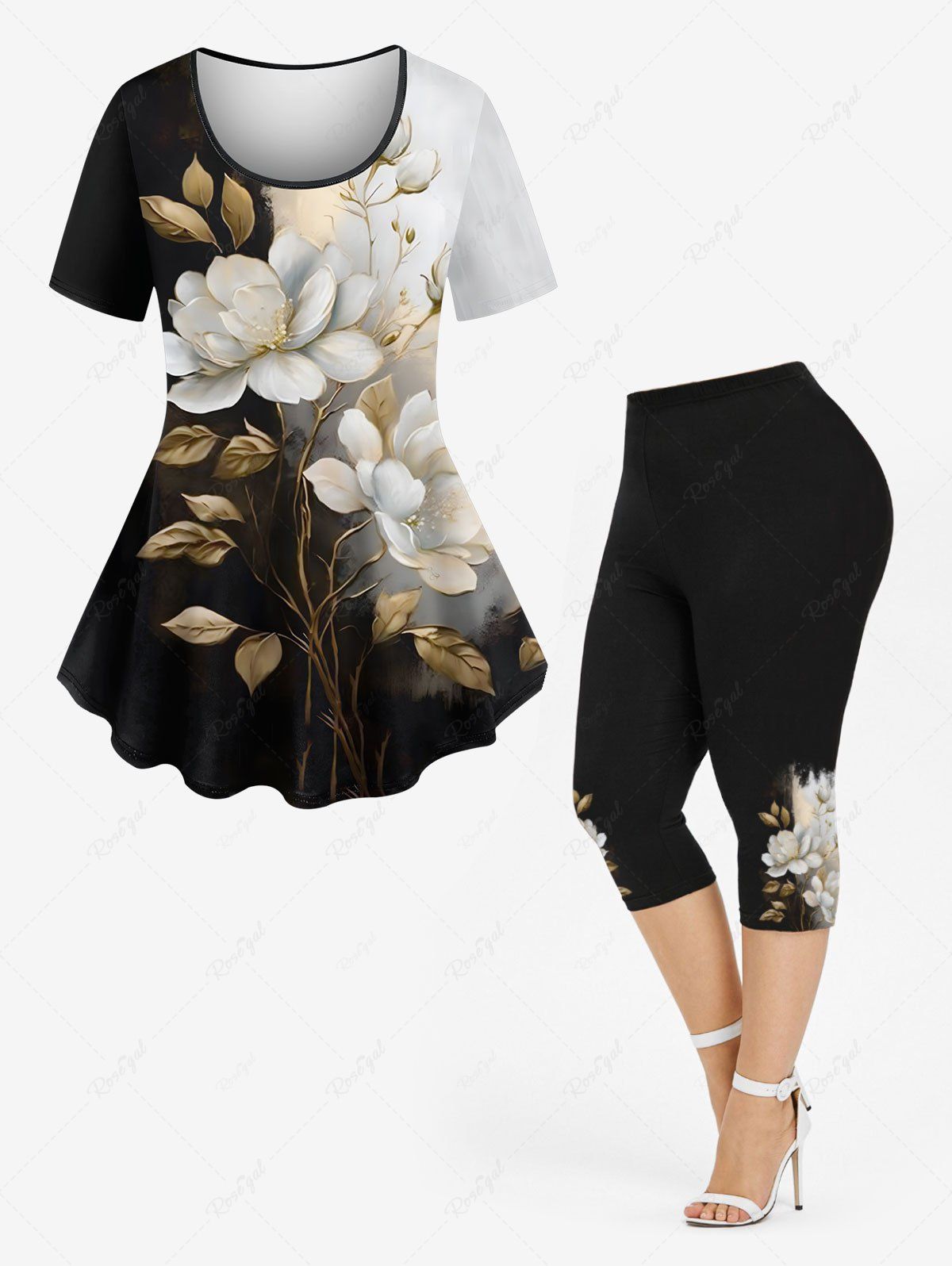 Outfit Flower Leaf Branch Contrast Colorblock Print T-shirt and Leggings Plus Size Matching Set  