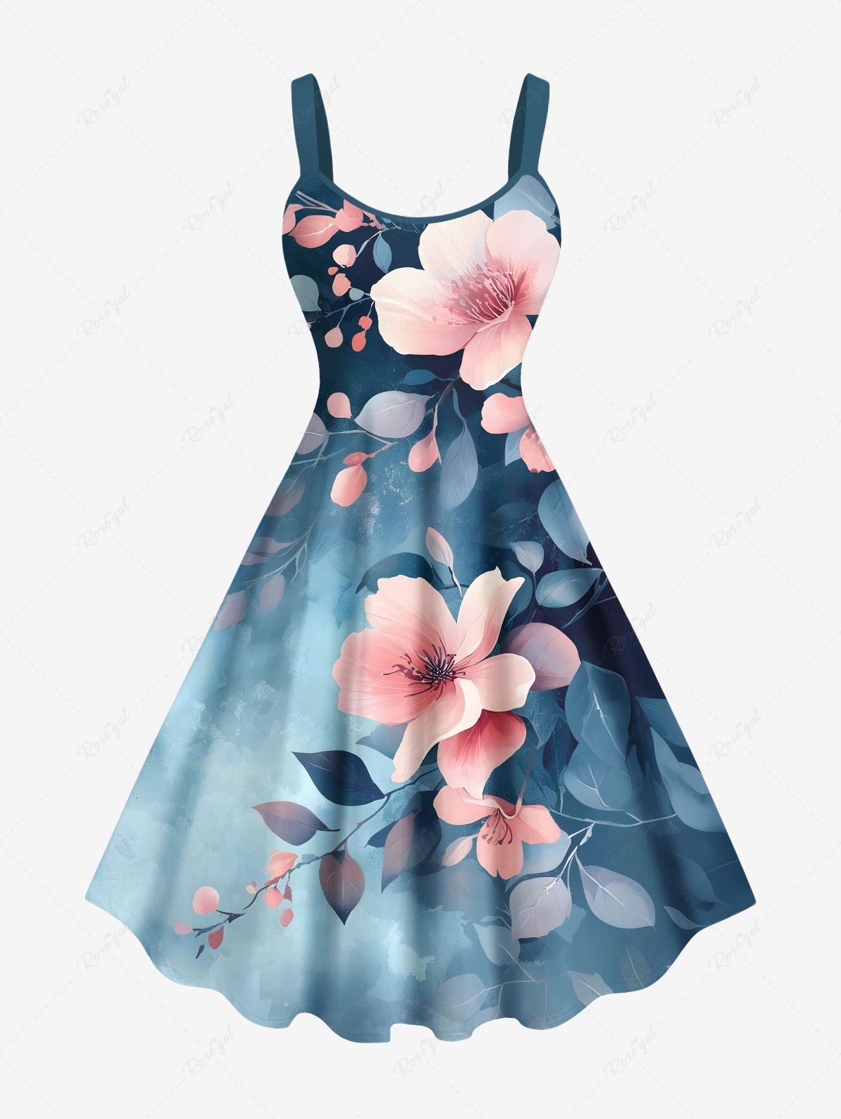 Trendy Plus Size Tie Dye Ombre Flowers Leaf Print Hawaii Tank Dress  