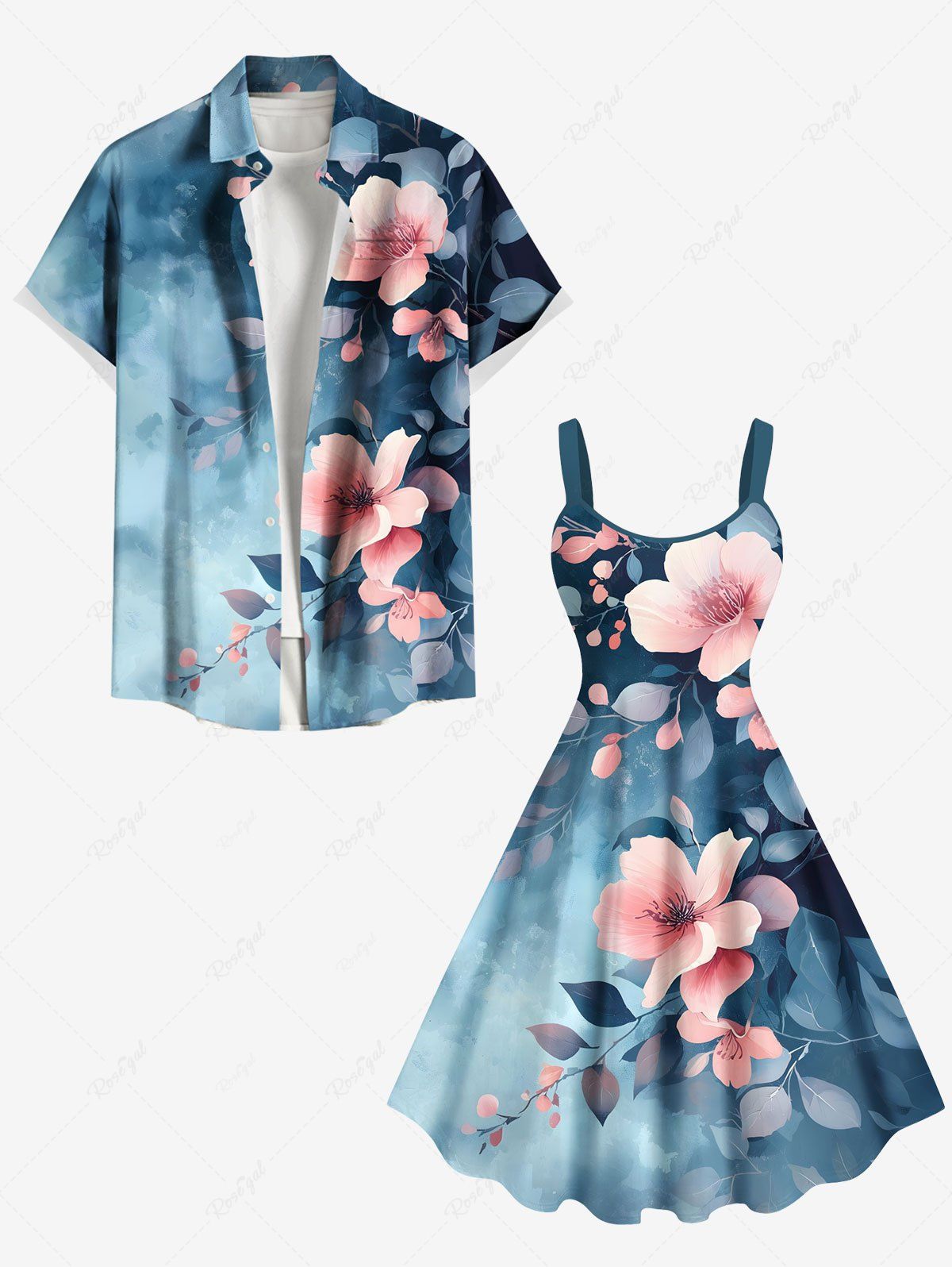 Shops Tie Dye Ombre Flowers Leaf Print Plus Size Matching Hawaii Beach Outfit For Couples  