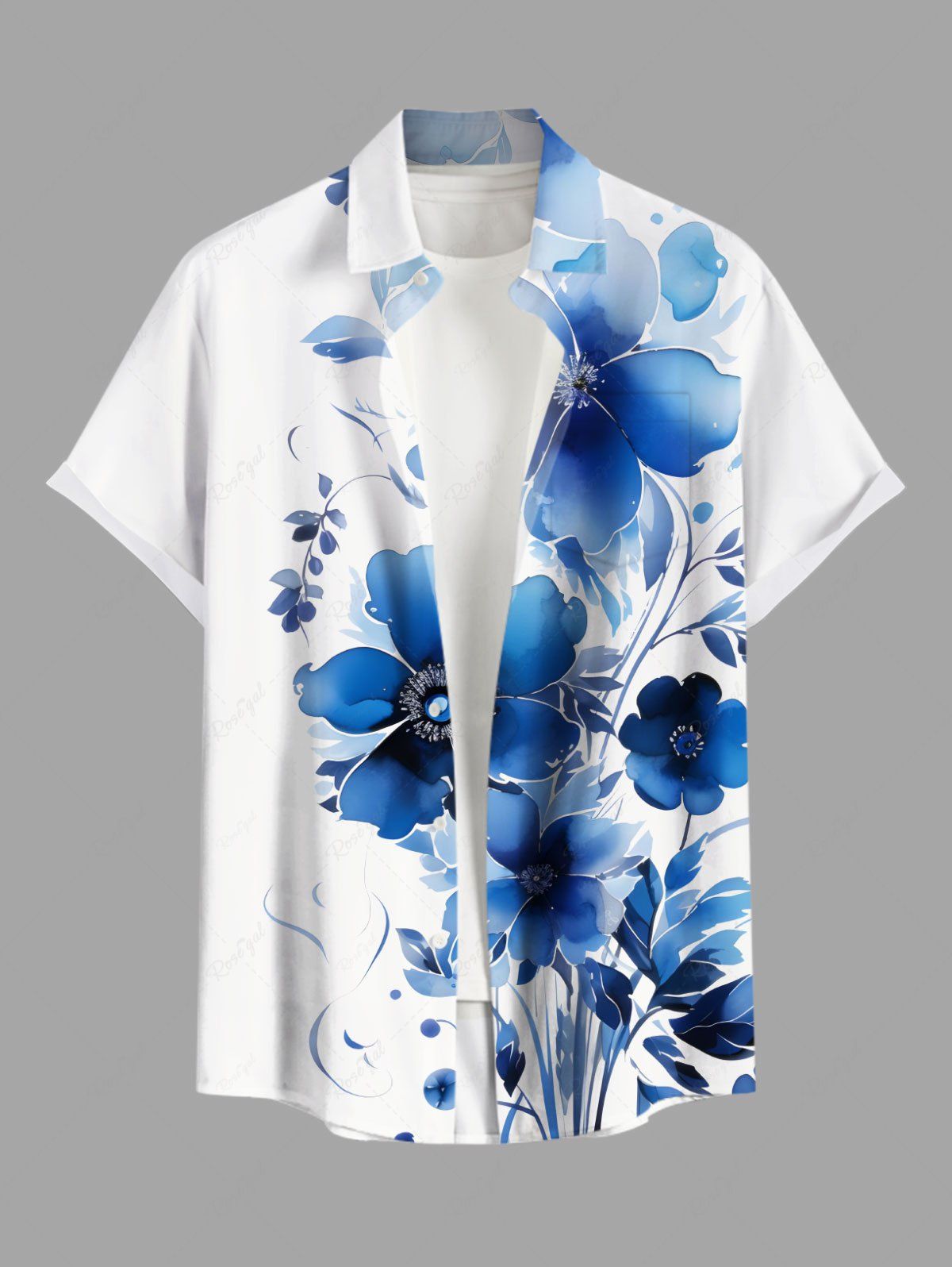 Chemise hawaïenne grande taille à imprimé floral aquarelle et poches boutonnées pour homme Bleu Ciel M