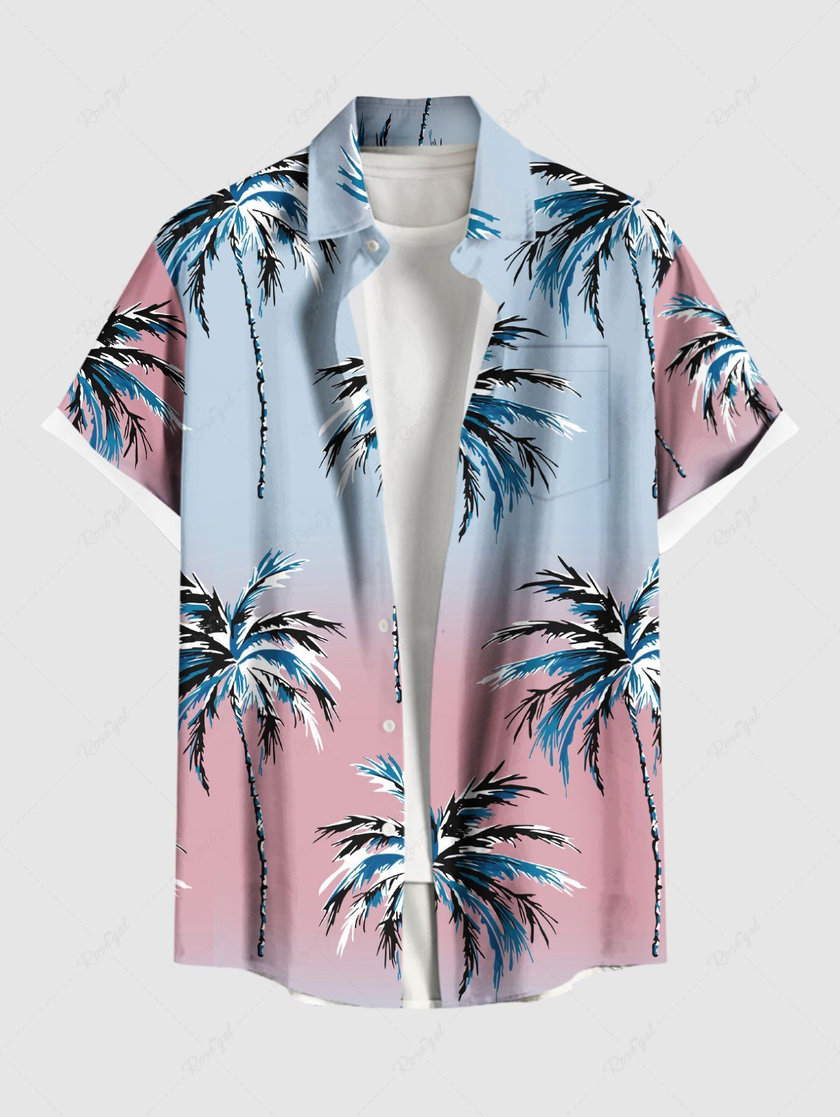 Chemise hawaïenne grande taille à imprimé cocotiers ombré et colorblock, boutons et poches, pour homme Bleu clair 6XL