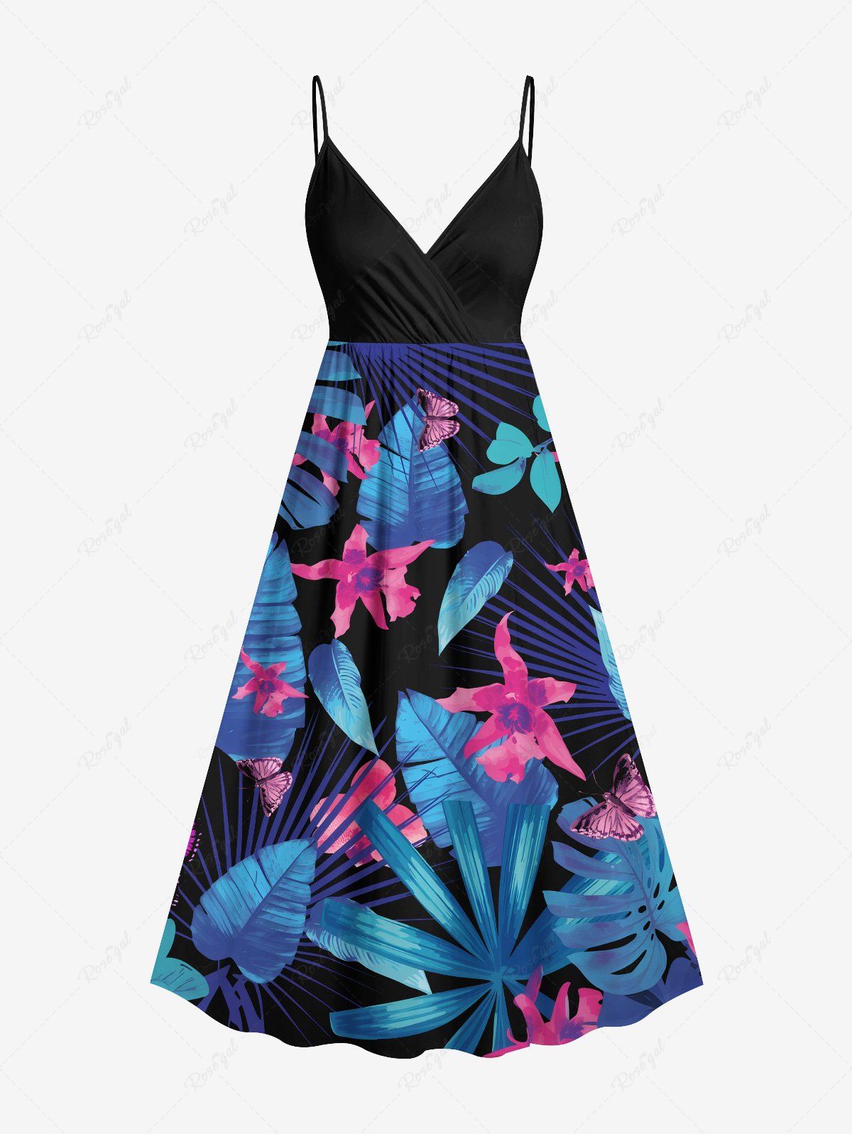 Robe camisole hawaïenne grande taille à imprimé tropical, fleurs, feuilles, papillons Noir 6X