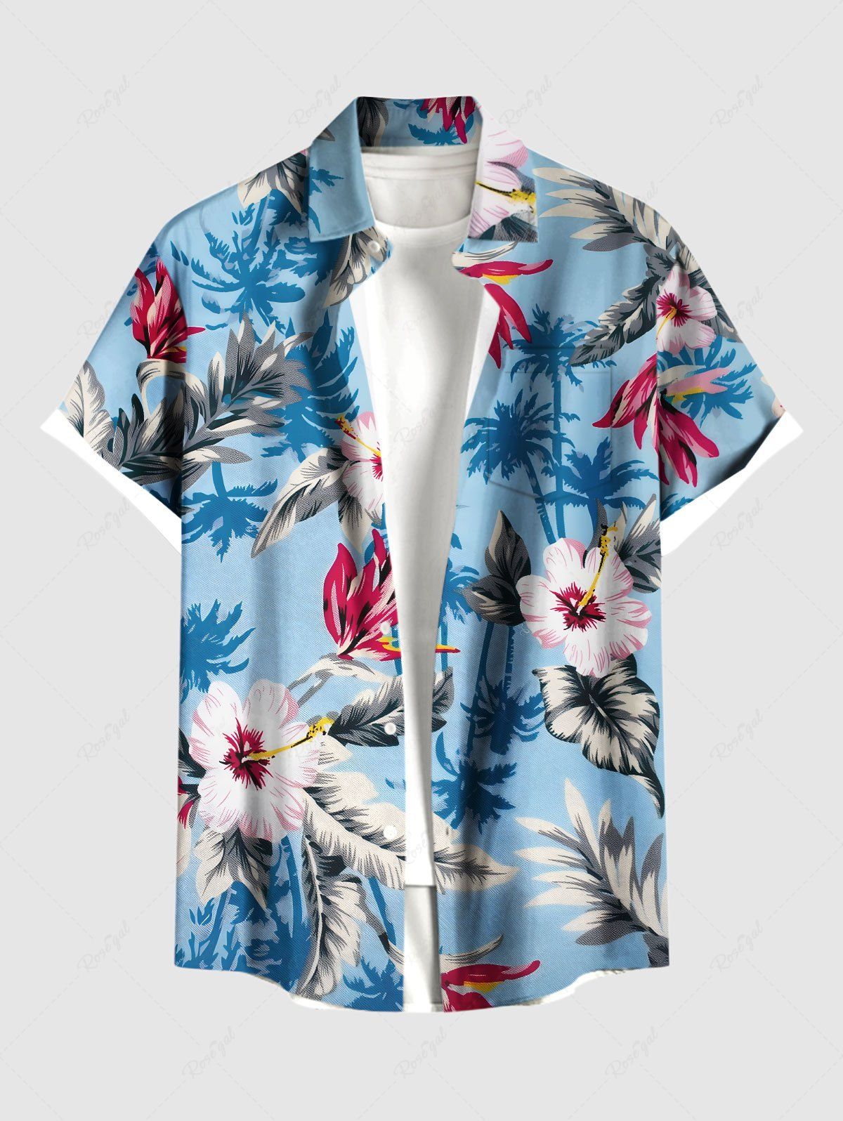 Chic Plus Size Hibiscus Flowers Leaf Coconut Tree Print Buttons Pocket Hawaii Shirt For Men  