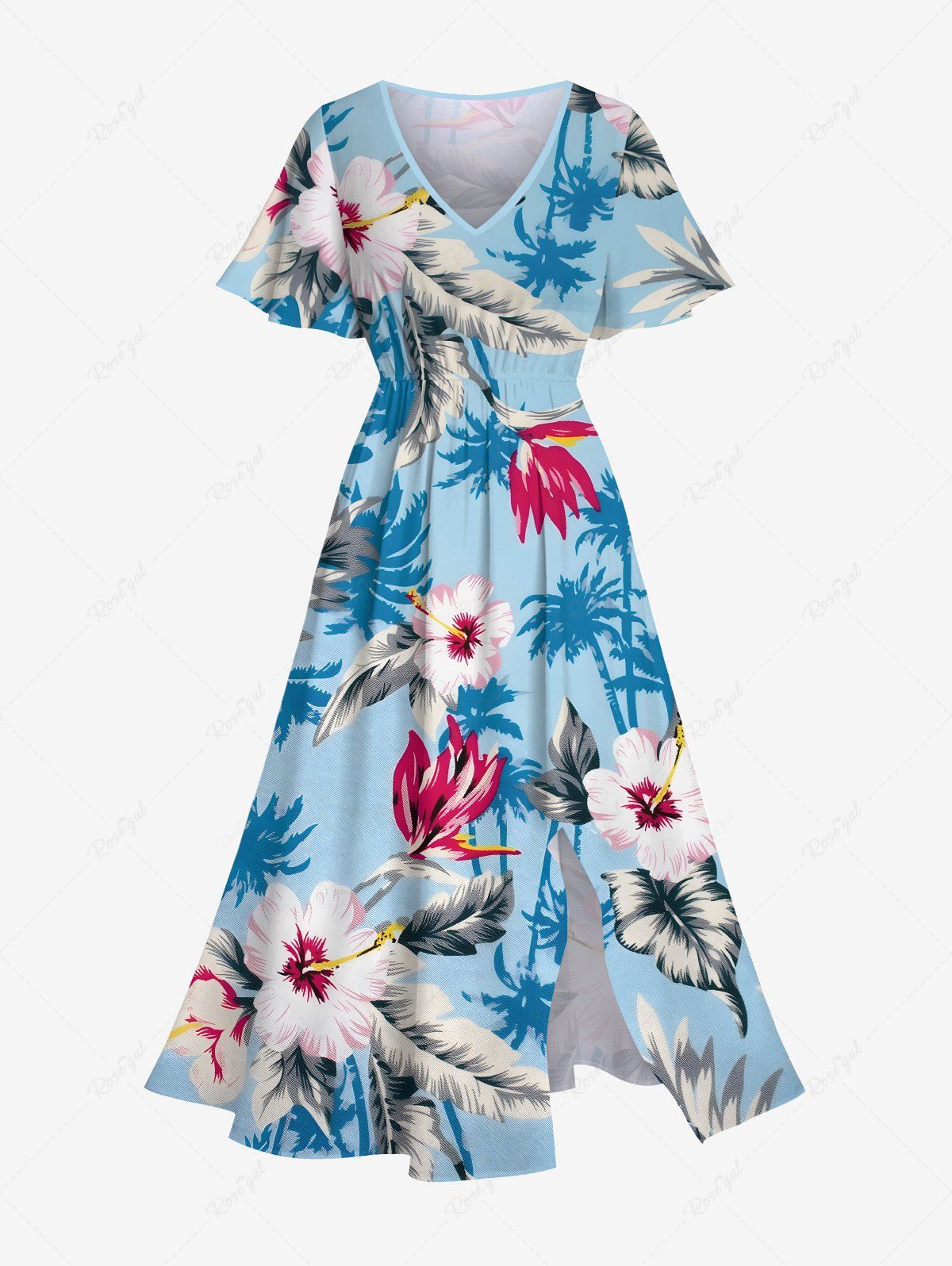 Robe mi-longue hawaïenne fendue grande taille à imprimé fleurs d'hibiscus, feuilles et cocotiers Bleu clair XS