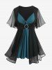 Flutter Sleeve Twist Colorblock Twofer Tee and Spider Web Flocking Lettuce Ruffles Flare Pants Plus Size Outfit -  