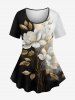 Flower Leaf Branch Contrast Colorblock Print T-shirt and Leggings Plus Size Matching Set -  
